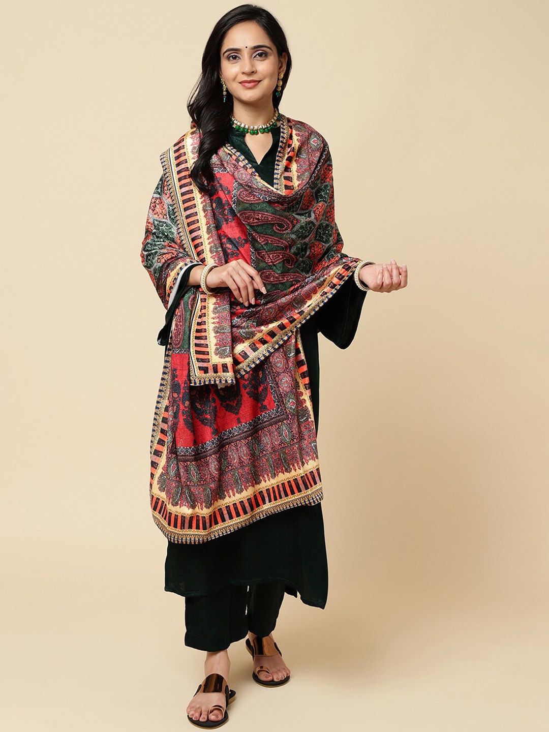 

Varanga Women Ethnic Motifs Printed Velvet Winter Shawl, Grey