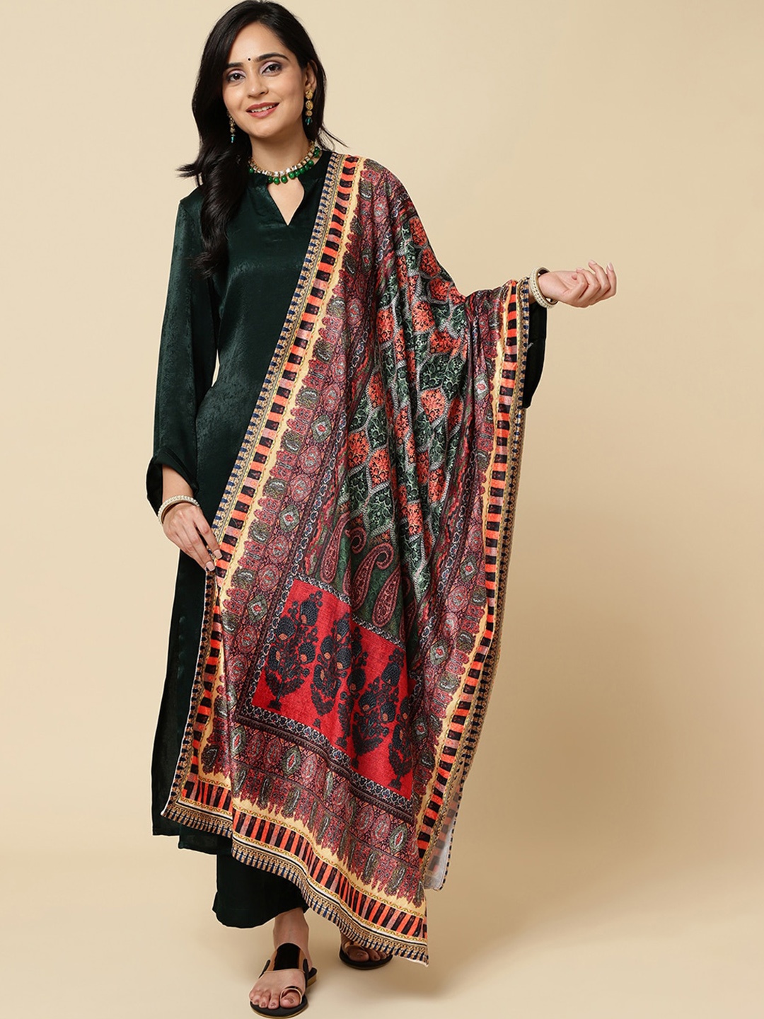 

Varanga Women Ethnic Motifs Winter Printed Velvet Shawl, Green