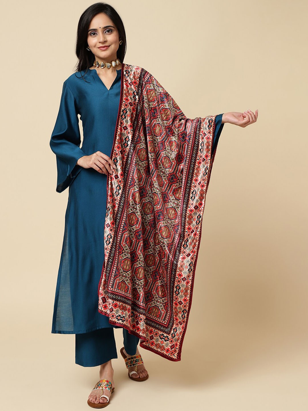 

Varanga Geometrical Printed Velvet Shawl, Red