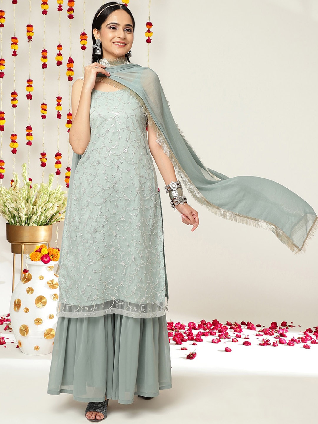 

Varanga Floral Embroidered Regular Sequinned Kurta with Sharara & With Dupatta, Grey