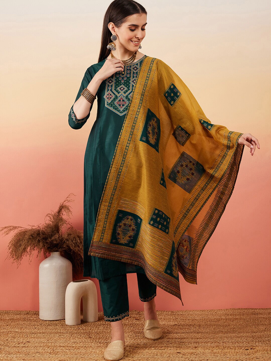 

Sangria Ethnic Motifs Yoke Design Thread Work Chanderi Silk Kurta With Trouser & Dupatta, Green