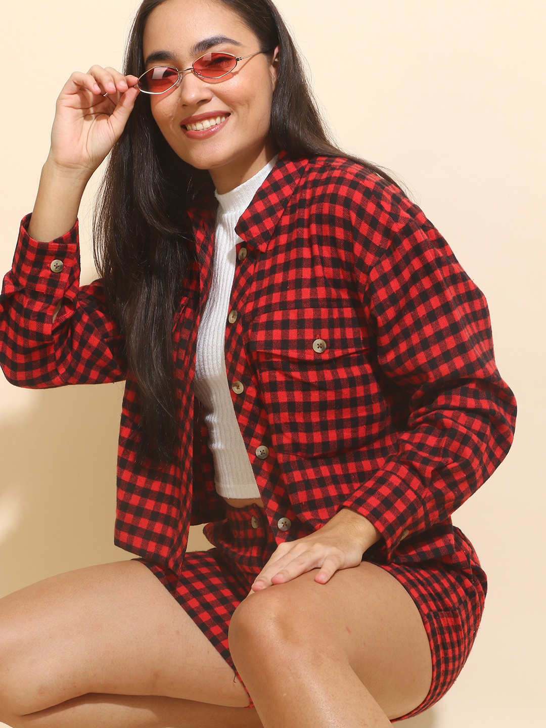 

Mast & Harbour Maroon & Black Checked Pure Cotton Shirt With Shorts