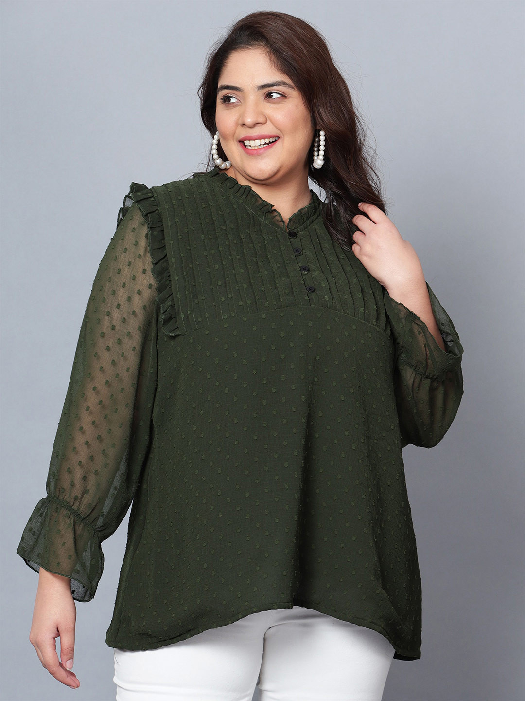 

Indietoga Plus Size Self Design Round Neck Long Sleeve A-Line Top, Green