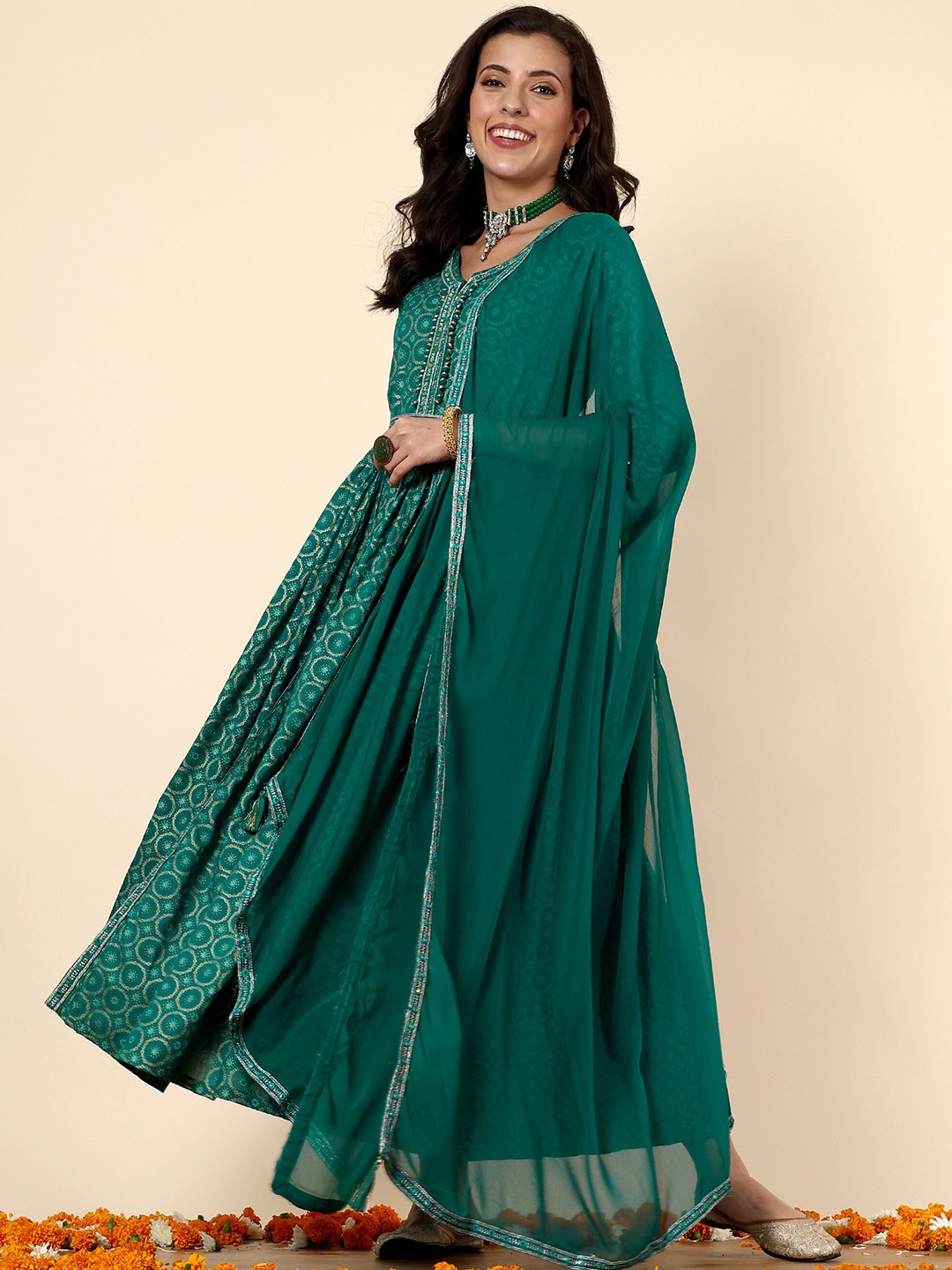 

Anouk Teal Blue & Gold-Toned Ethnic Motif Printed Layered A-Line Ethnic Dress With Dupatta