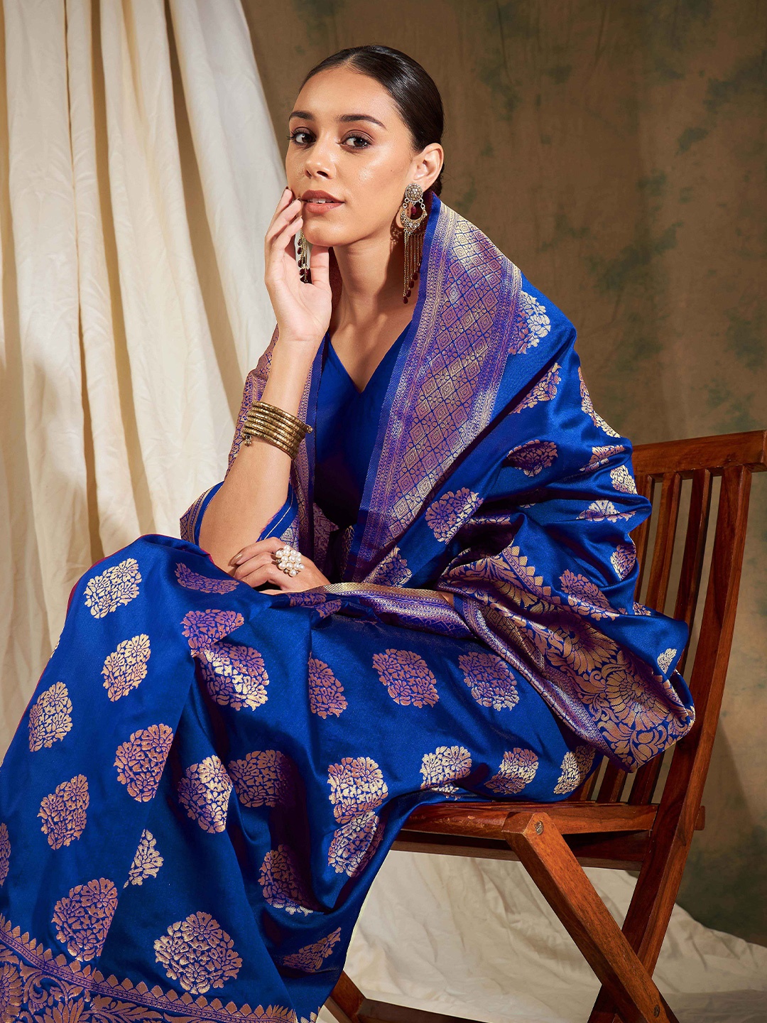 

Sangria Blue Ethnic Motifs Woven Design Zari Banarasi Saree