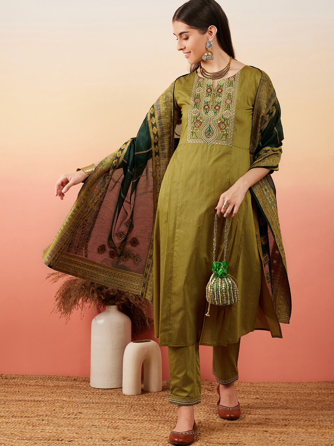 

Sangria Ethnic Motifs Yoke Design Kurta With Trouser & Dupatta, Green