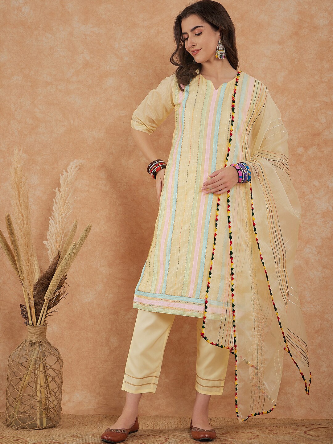 

KALINI Striped Gotta Patti Kurta With Trousers & Dupatta, Yellow