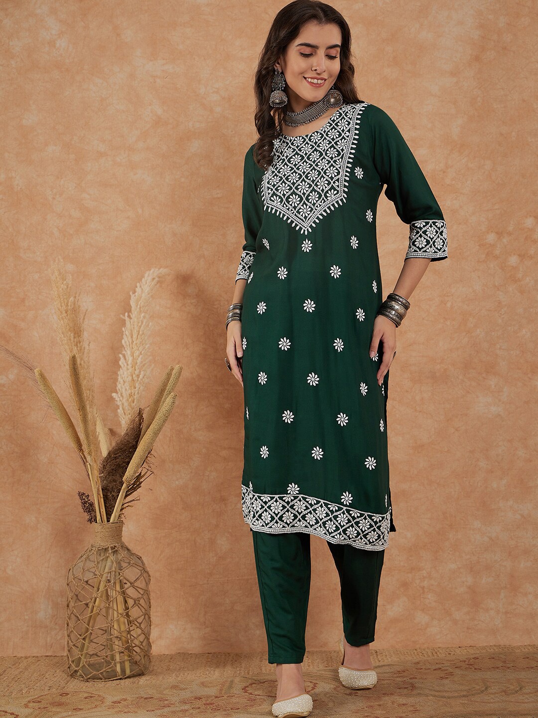 KALINI Floral Embroidered Thread Work Kurta With Trousers, Green