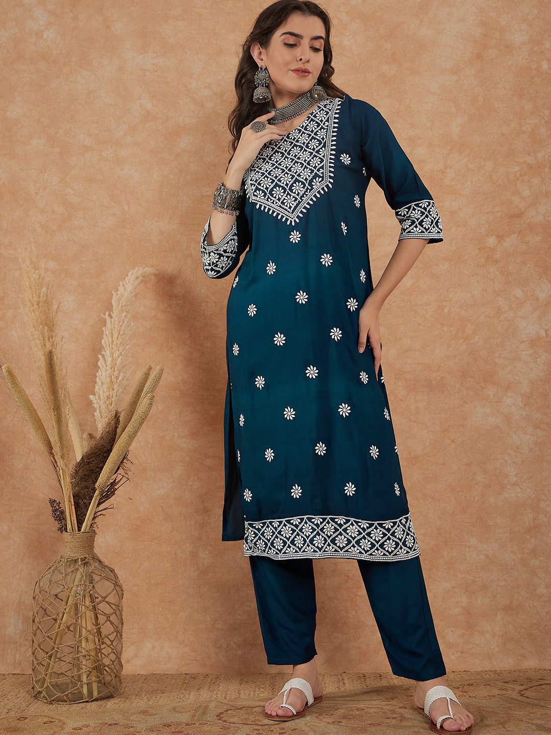 

KALINI Floral Embroidered Kurta With Trouser, Teal