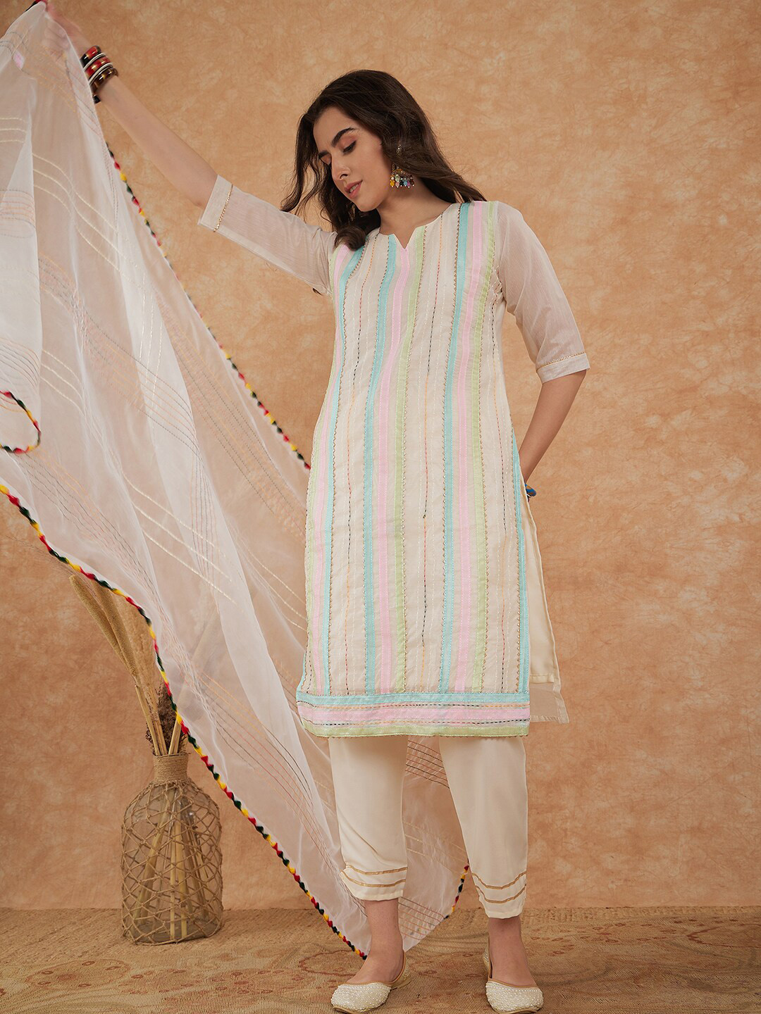 

KALINI Striped Round Neck Gotta Patti Chanderi Cotton Kurti with Salwar & Dupatta, White