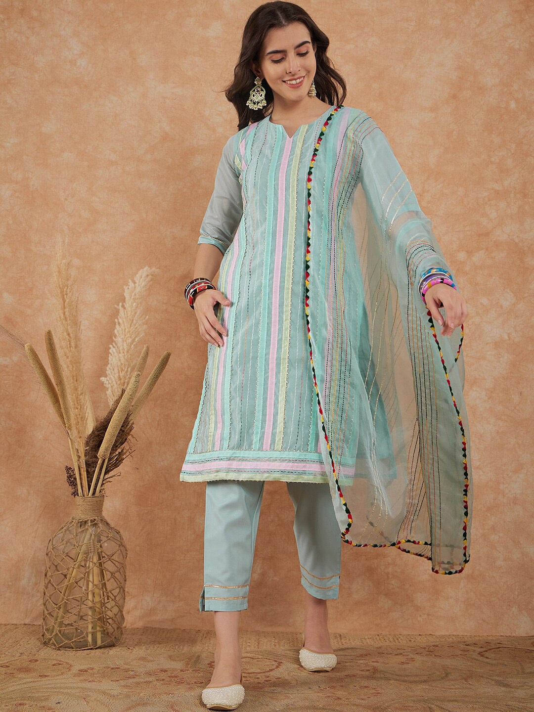 

KALINI Embroidered Regular Thread Work Chanderi Cotton Kurti with Salwar & Dupatta, Sea green