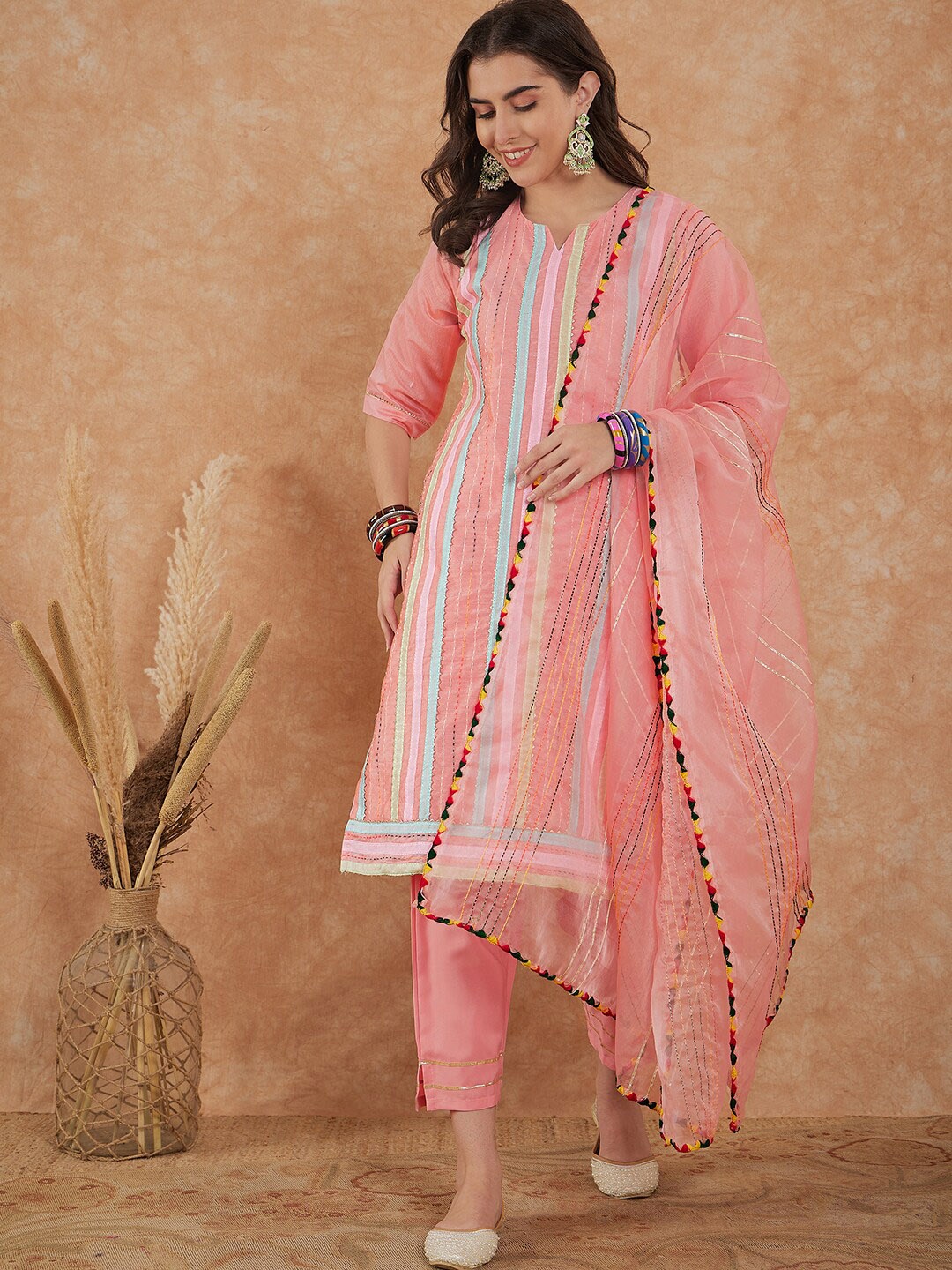 

KALINI Embroidered Thread Work Chanderi Cotton Kurti with Salwar & Dupatta, Pink