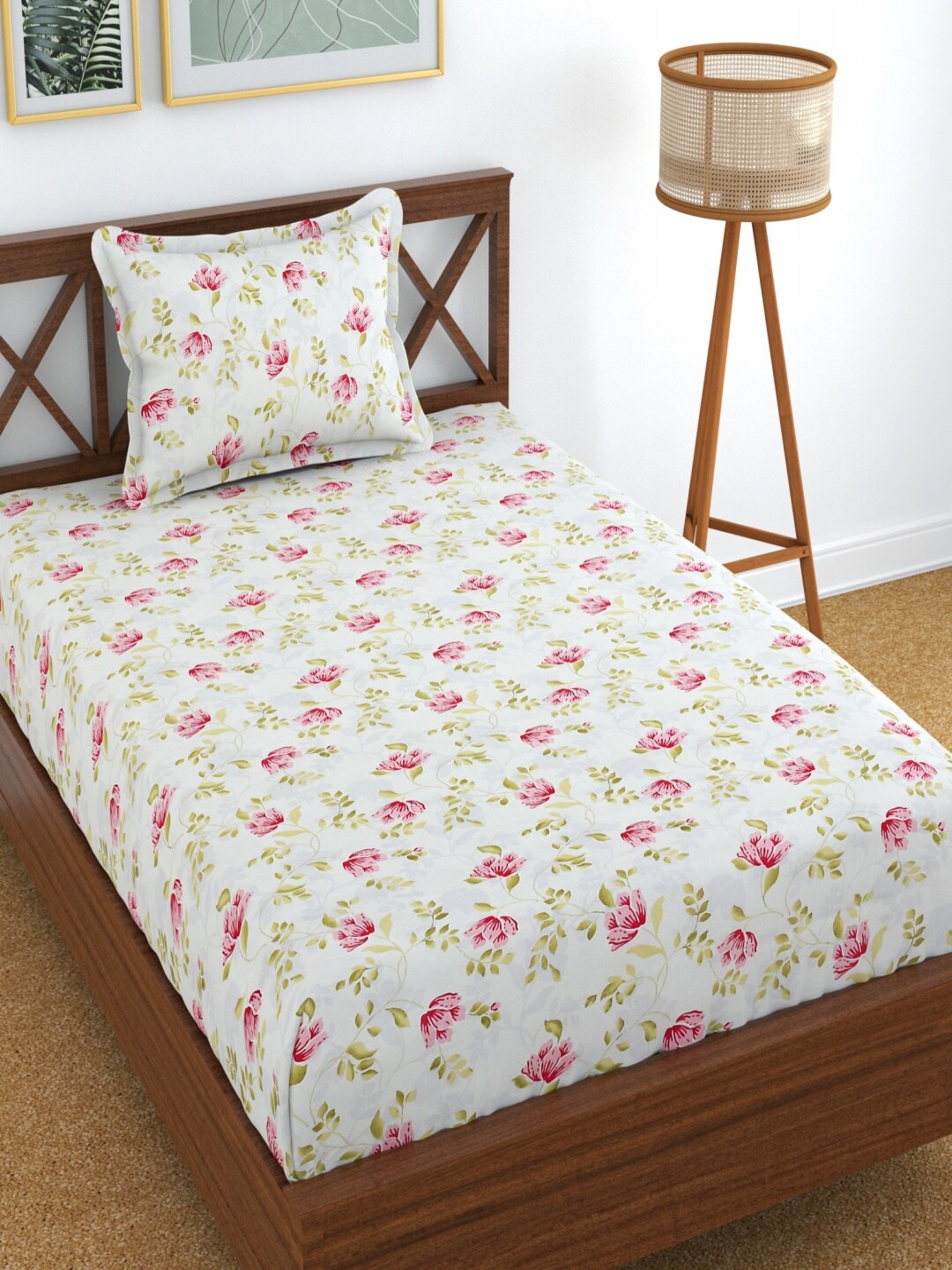 

Homefab India White & Pink Floral Cotton 210 TC Single Bedsheet With 1 Pillow Cover
