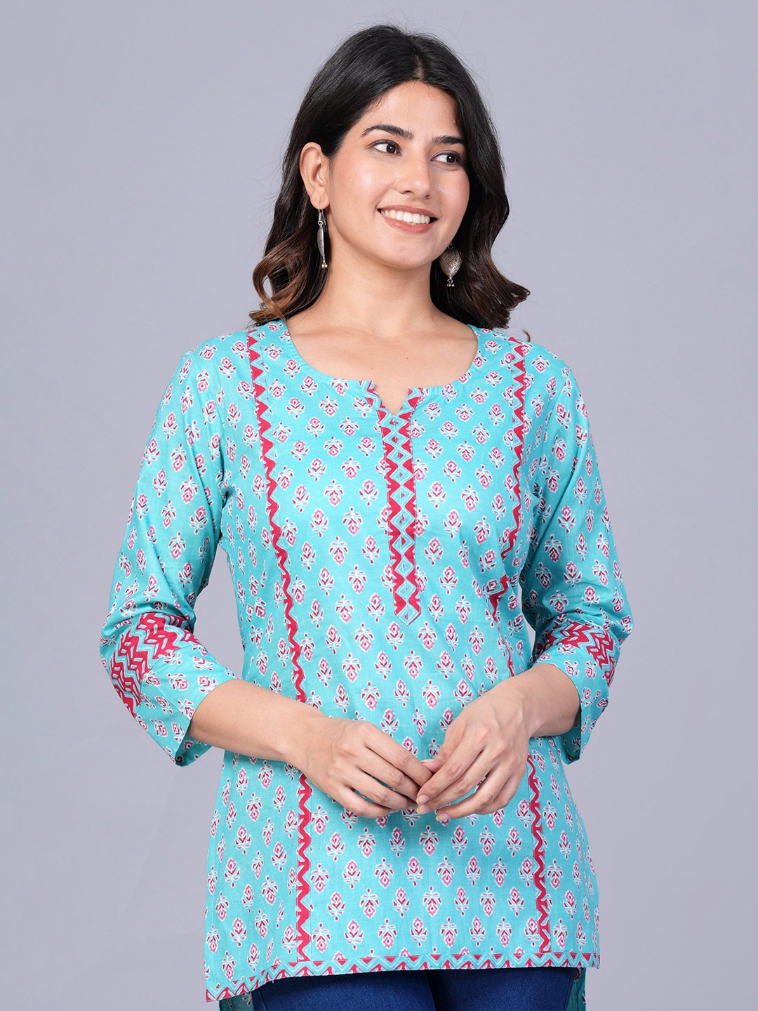 

KALINI Ethnic Printed Round Neck Cotton Top, Blue