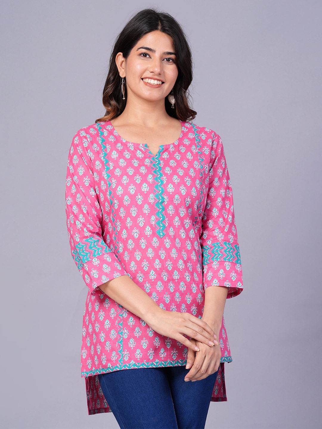 

KALINI Floral Printed Round Neck Cotton Top, Pink