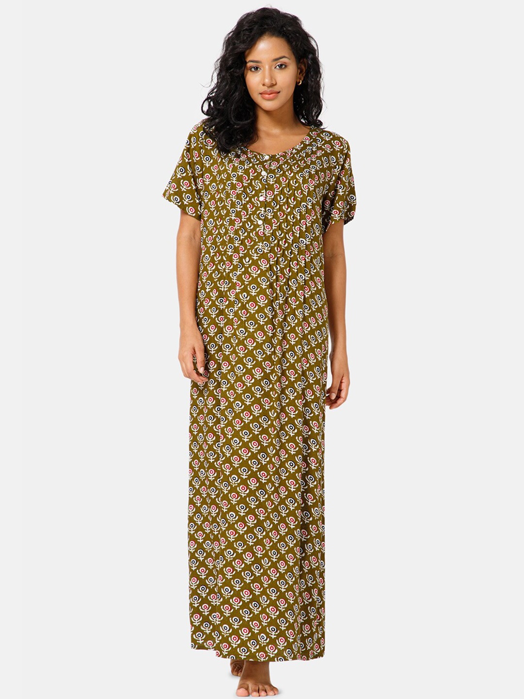 

NAIDU HALL Ethnic Motifs Printed Maxi Nightdress, Olive