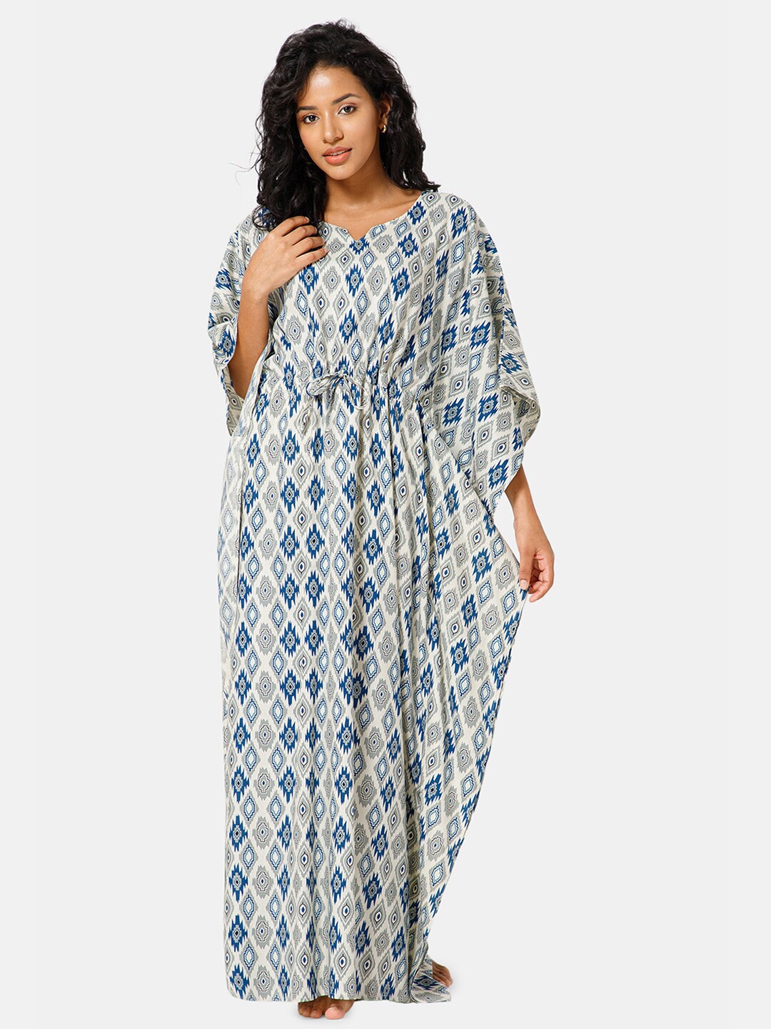 

NAIDU HALL Ethnic Motifs Printed Maxi Kaftan Nightdress, Off white