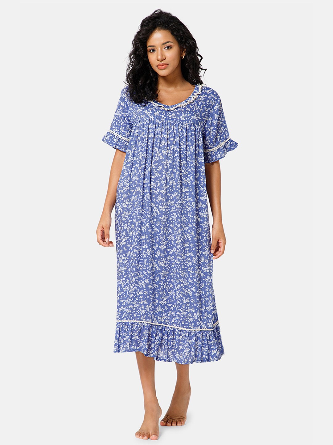 

NAIDU HALL Floral Printed Round Neck Nightdress NT49BLU2XLBRA_570, Blue