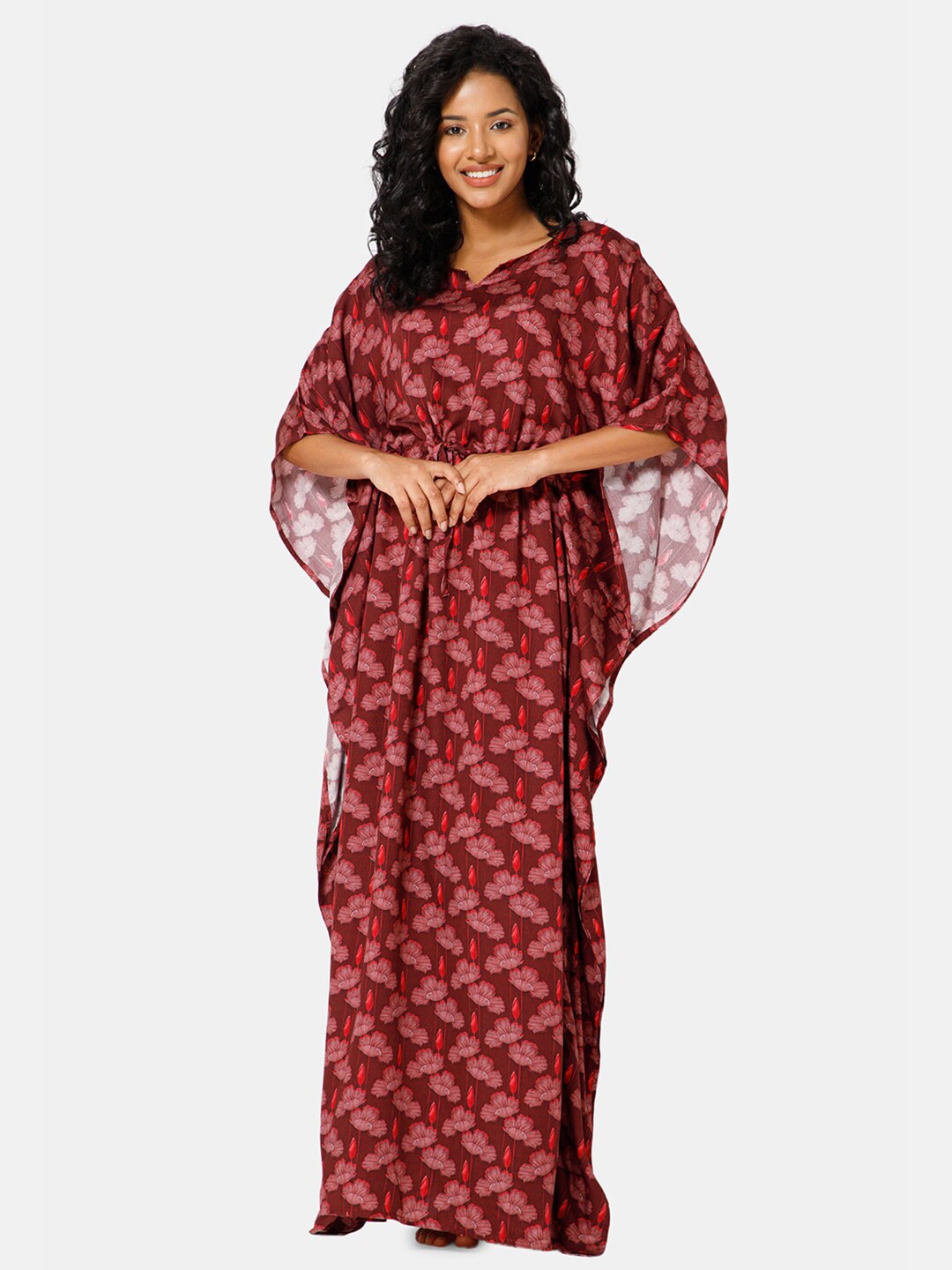 

NAIDU HALL Floral Printed Maxi Kaftan Nightdress NT27RED2XLBRA_650, Red