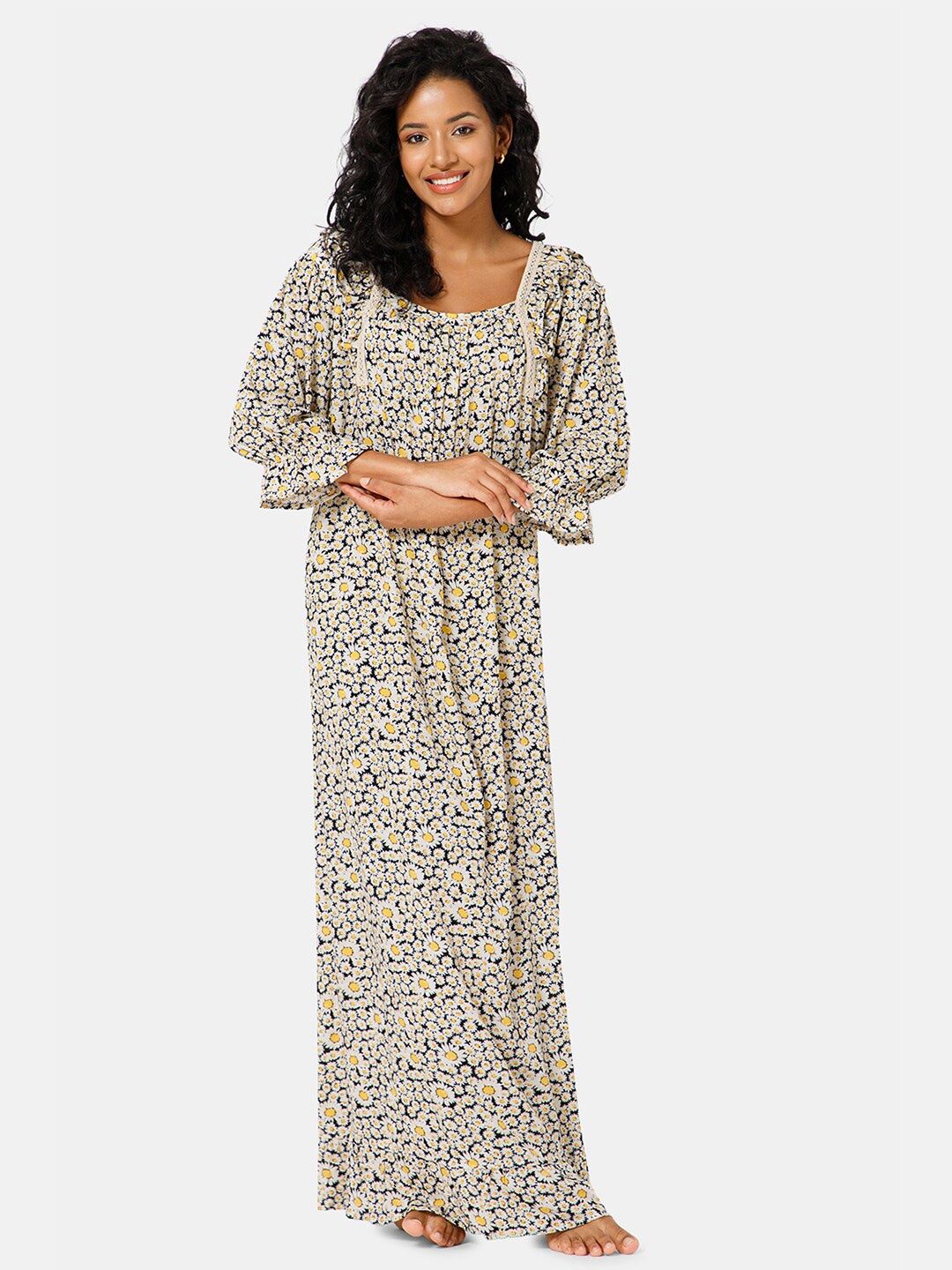 

NAIDU HALL Floral Printed Square Neck Maxi Nightdress, Black