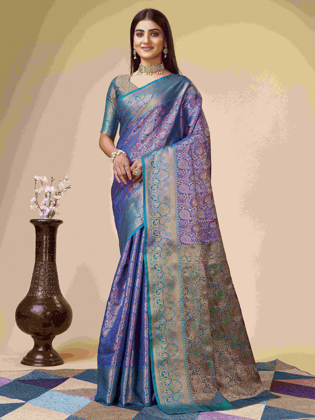 

PHEASANT Ethnic Motifs Woven Design Zari Kanjeevaram Saree, Blue