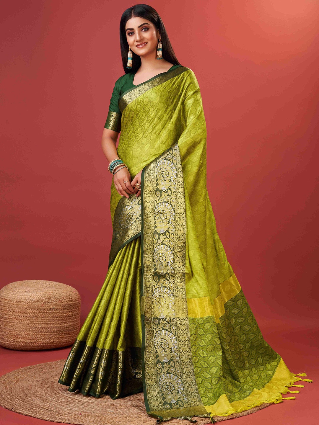 

PHEASANT Ethnic Motifs Woven Design Zari Silk Cotton Kanjeevaram Saree, Green