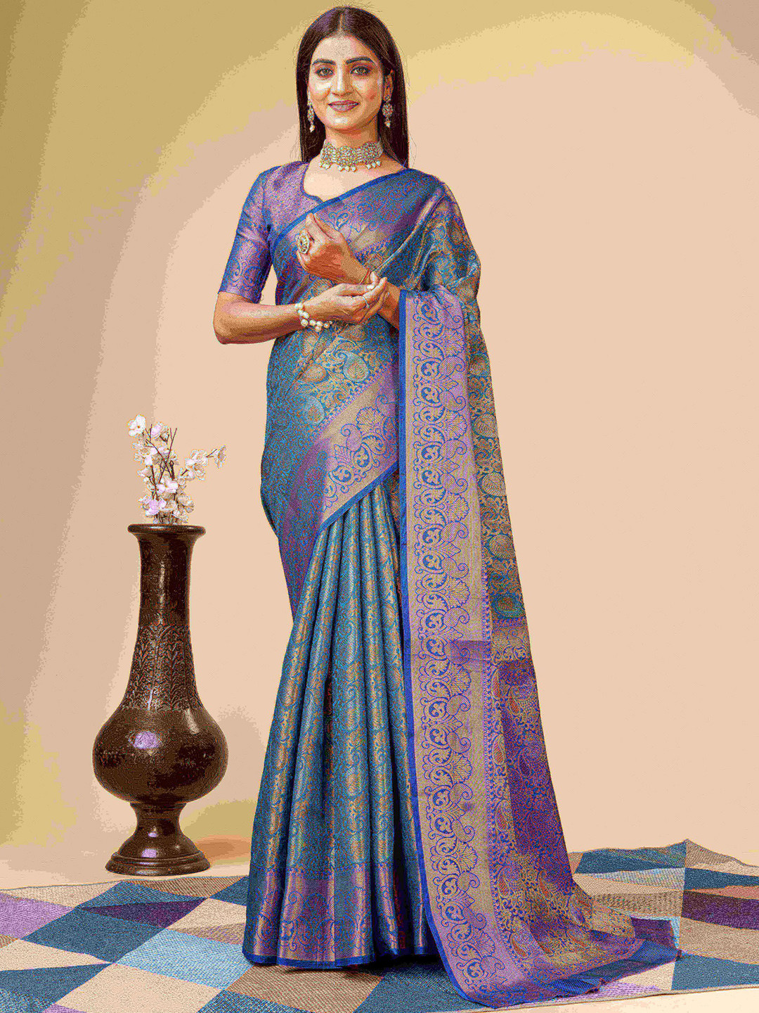 

PHEASANT Ethnic Motifs Woven Design Zari Kanjeevaram Saree, Sea green