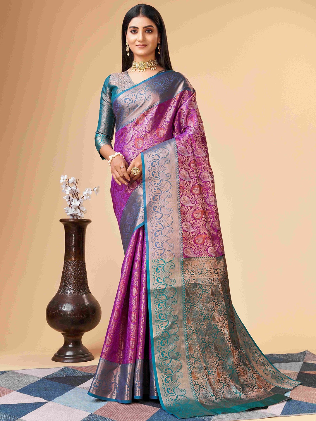 

PHEASANT Ethnic Motifs Woven Design Zari Kanjeevaram Saree, Purple