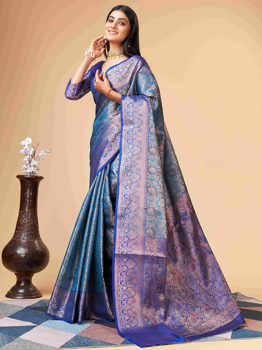 

PHEASANT Ethnic Motifs Woven Design Zari Kanjeevaram Saree, Blue