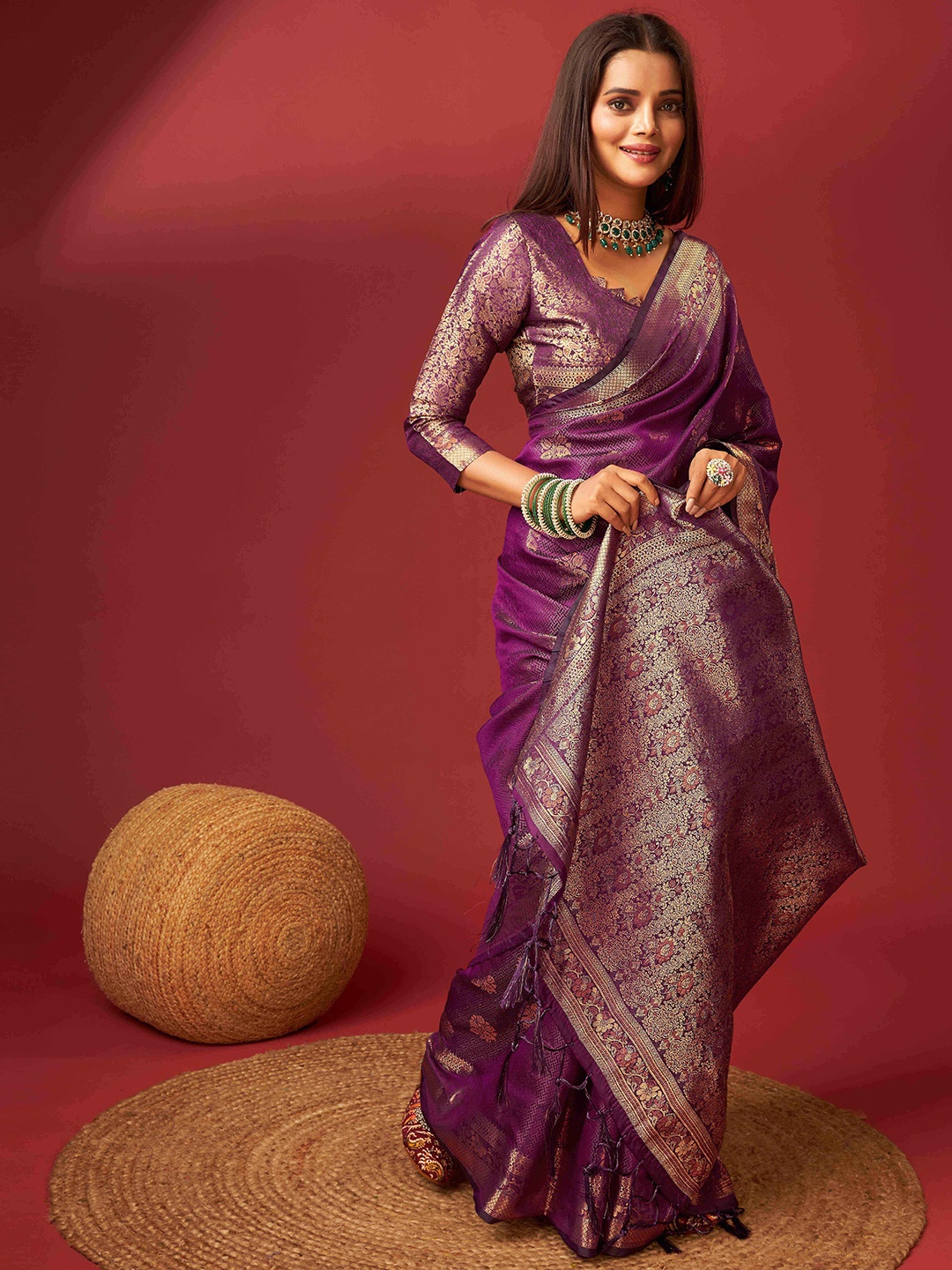 

PHEASANT Ethnic Motifs Woven Design Zari Pure Silk Kanjeevaram Saree, Purple