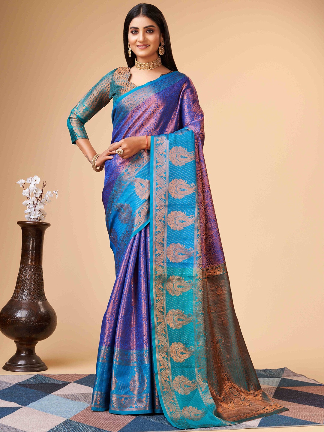 

PHEASANT Ethnic Motifs Woven Design Zari Kanjeevaram Saree, Blue