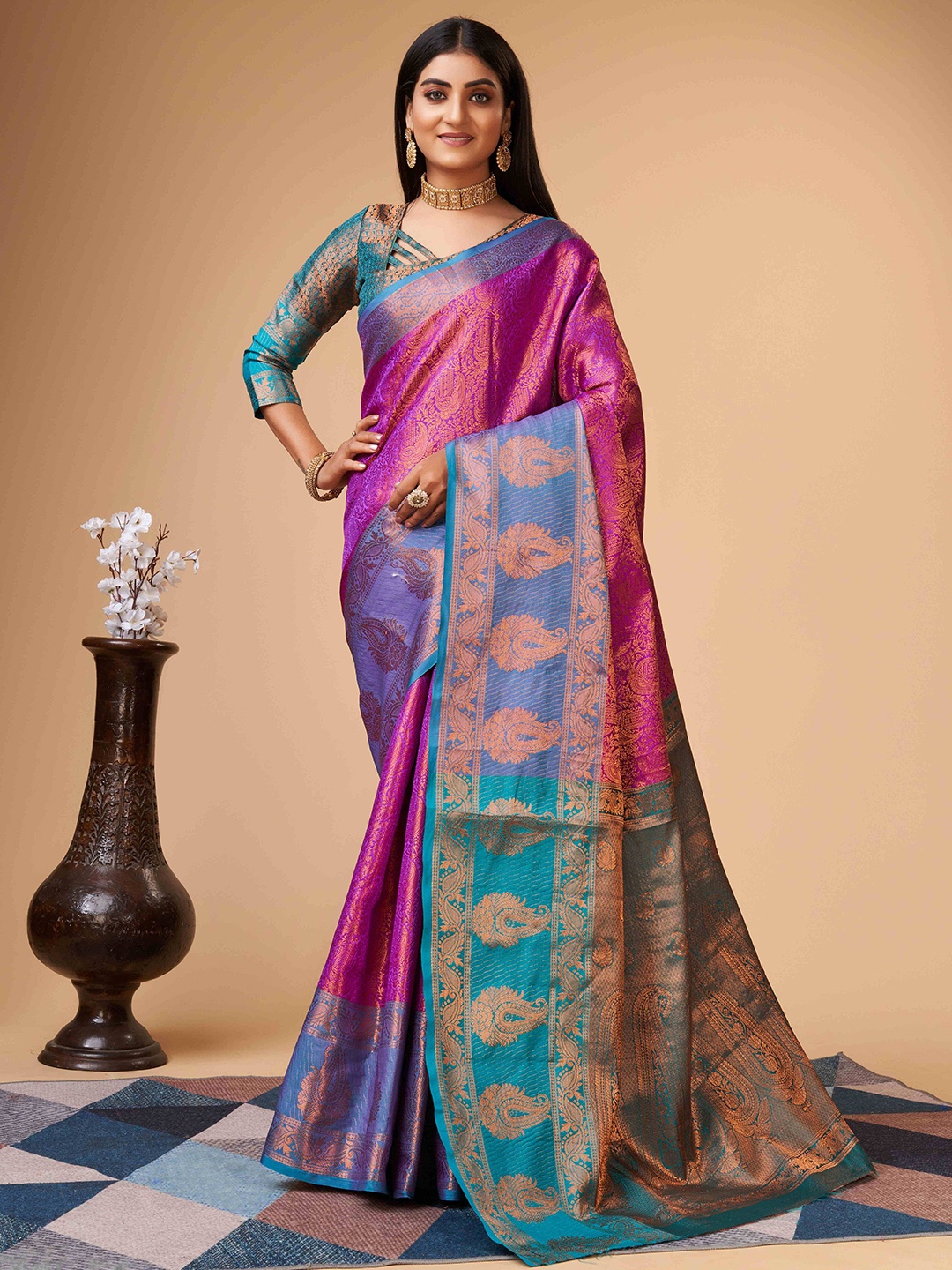 

PHEASANT Ethnic Motifs Woven Design Zari Art Silk Kanjeevaram Saree, Purple