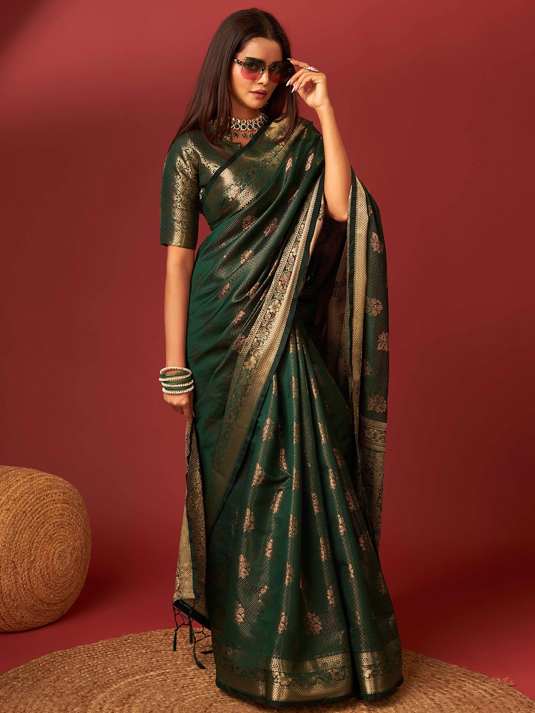 

PHEASANTEthnic Motifs Woven Design Zari Pure Silk Kanjeevaram Saree, Green