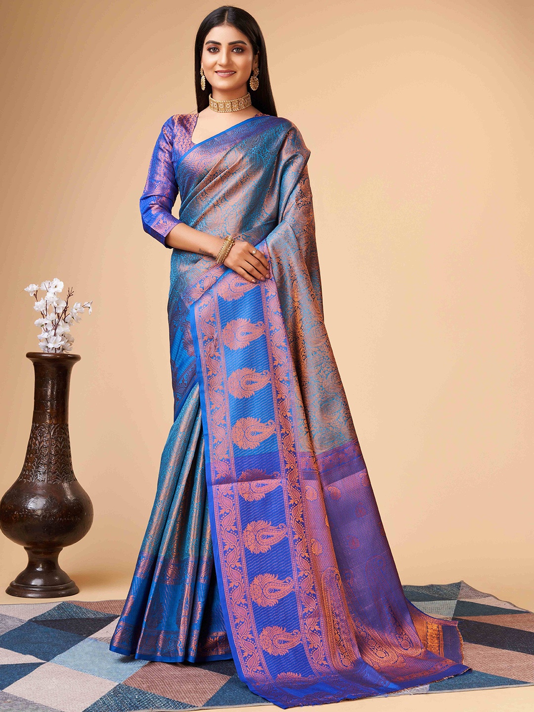 

PHEASANT Ethnic Motifs Woven Design Zari Art Silk Kanjeevaram Saree, Blue