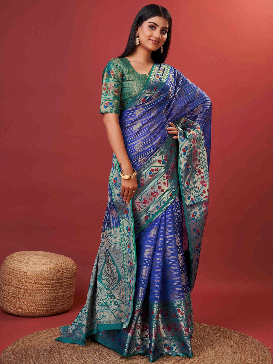 

PHEASANT Ethnic Motifs Woven Design Zari Art Silk Kanjeevaram Saree, Blue