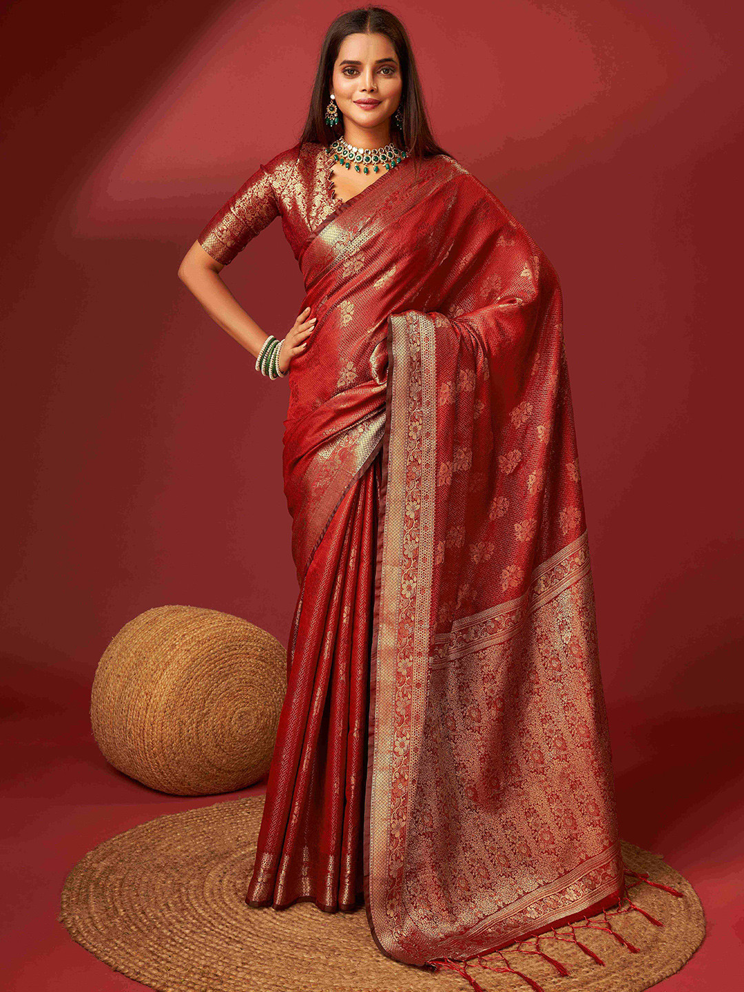 

PHEASANT Ethnic Motifs Woven Design Zari Pure Silk Kanjeevaram Saree, Red
