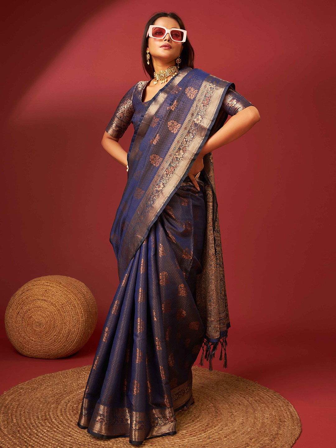 

PHEASANT Ethnic Motifs Woven Design Zari Pure Silk Kanjeevaram Saree, Navy blue