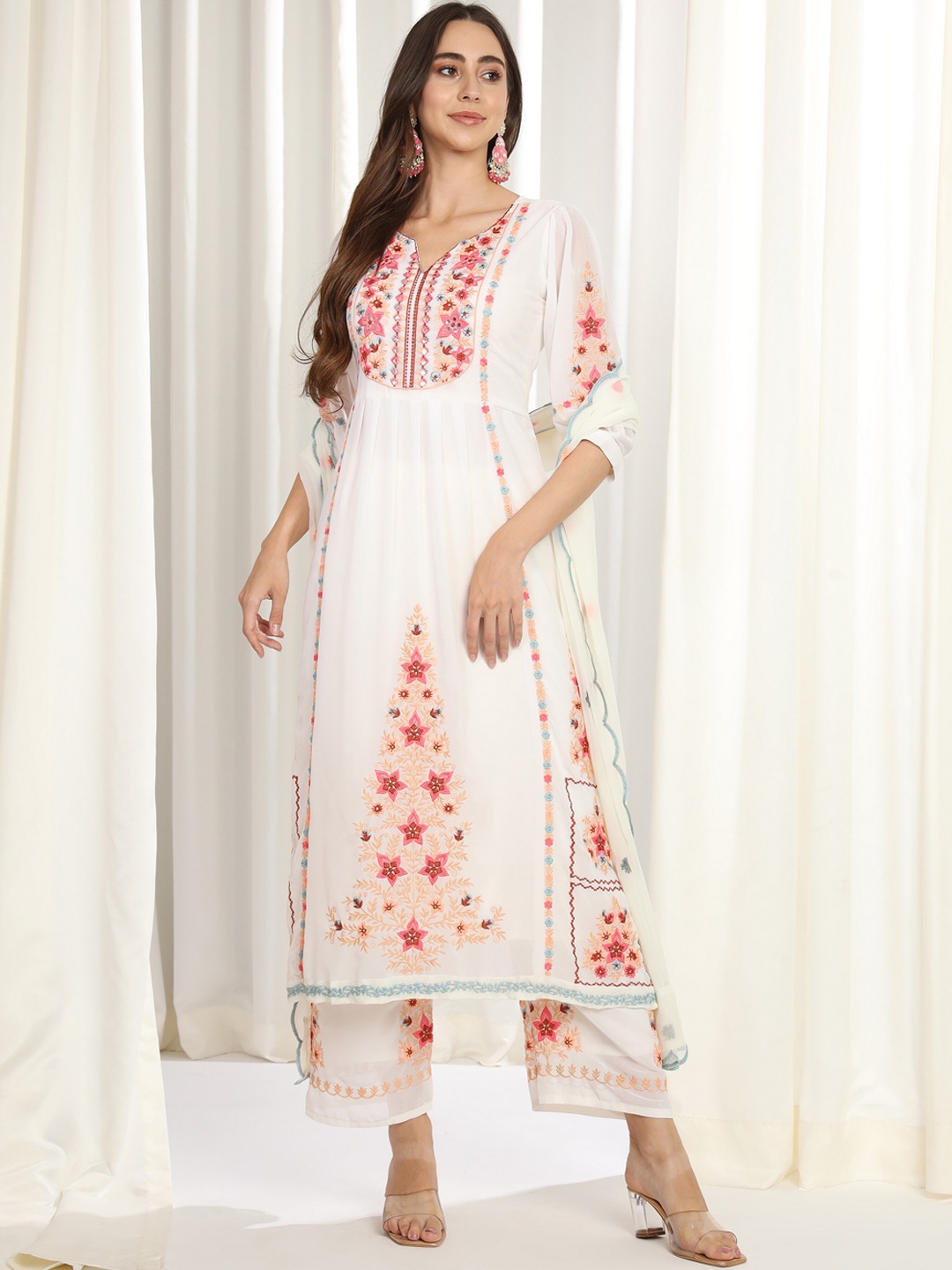 

ASPORA Floral Embroidered Mirror Work Kurta With Palazzos & Dupatta, White