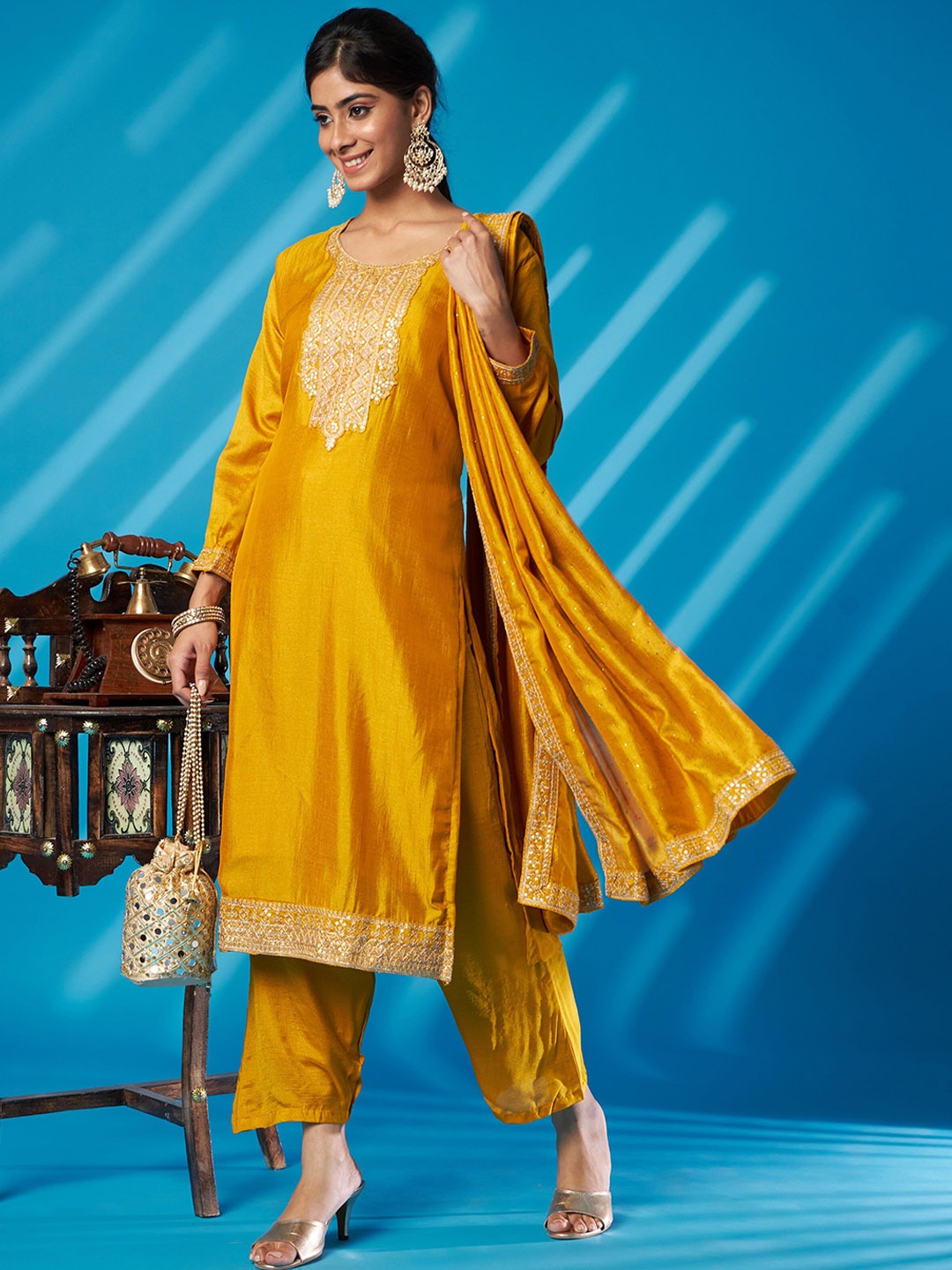 

ASPORA Ethnic Motifs Yoke Design Thread Work Kurta With Palazzos & Dupatta, Yellow