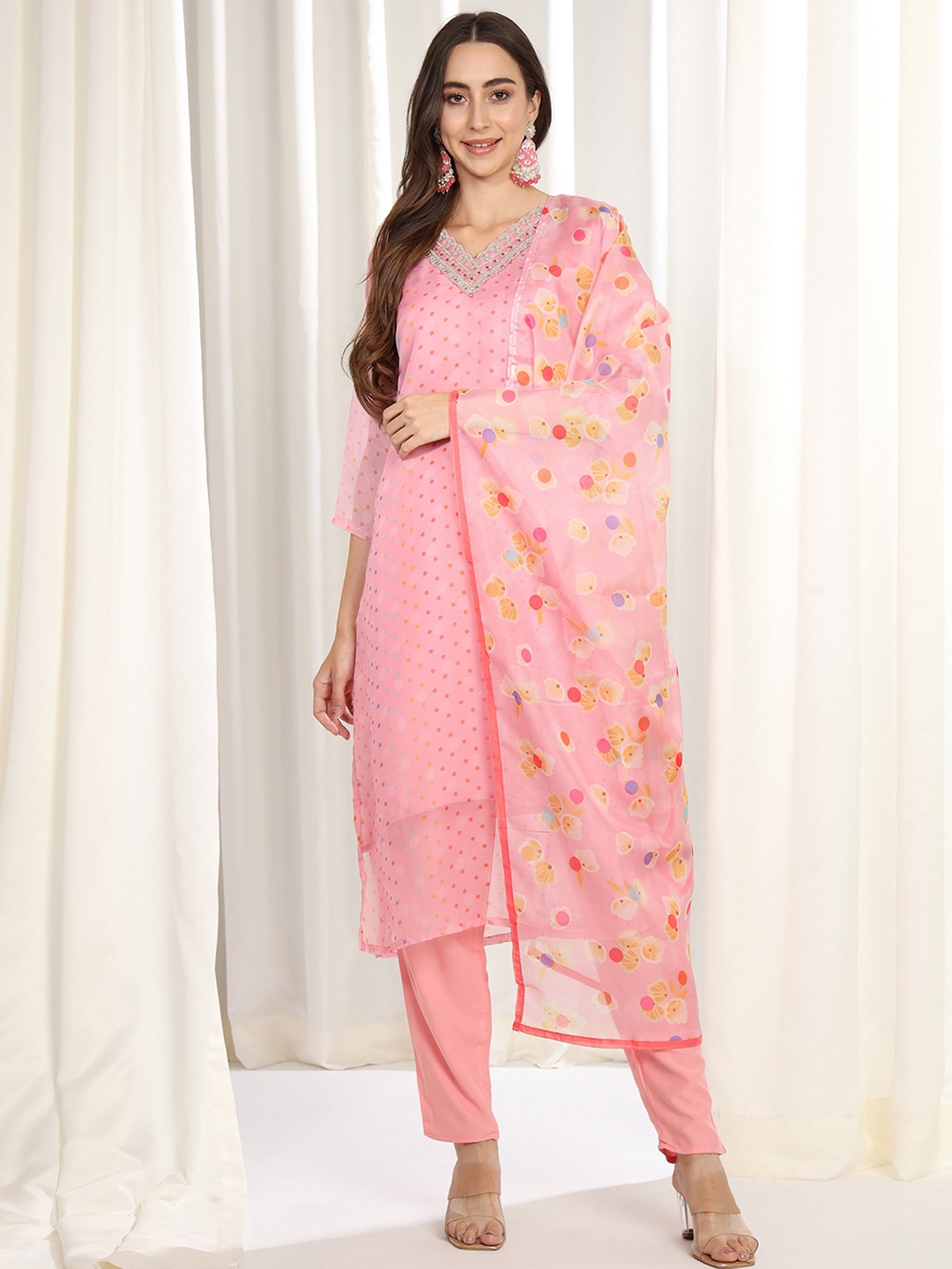 

ASPORA Polka Dots Printed Thread Work Kurta With Trousers & Dupatta, Pink