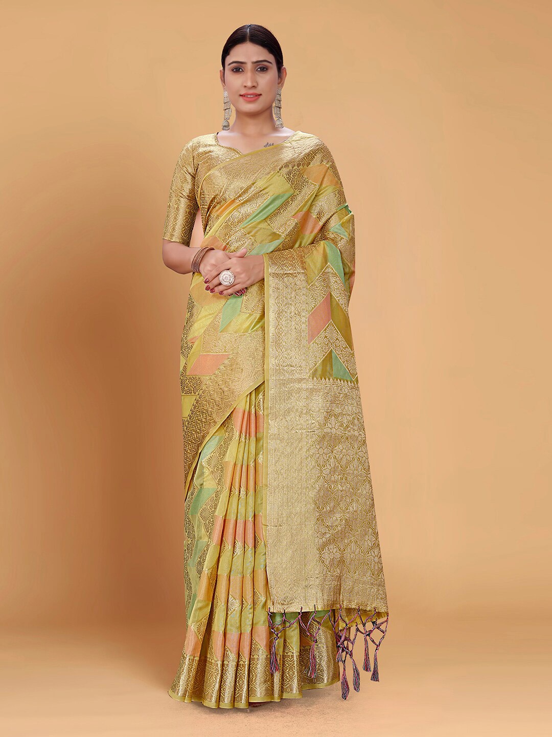

Pisara Ethnic Motifs Woven Design Zari Organza Saree, Olive