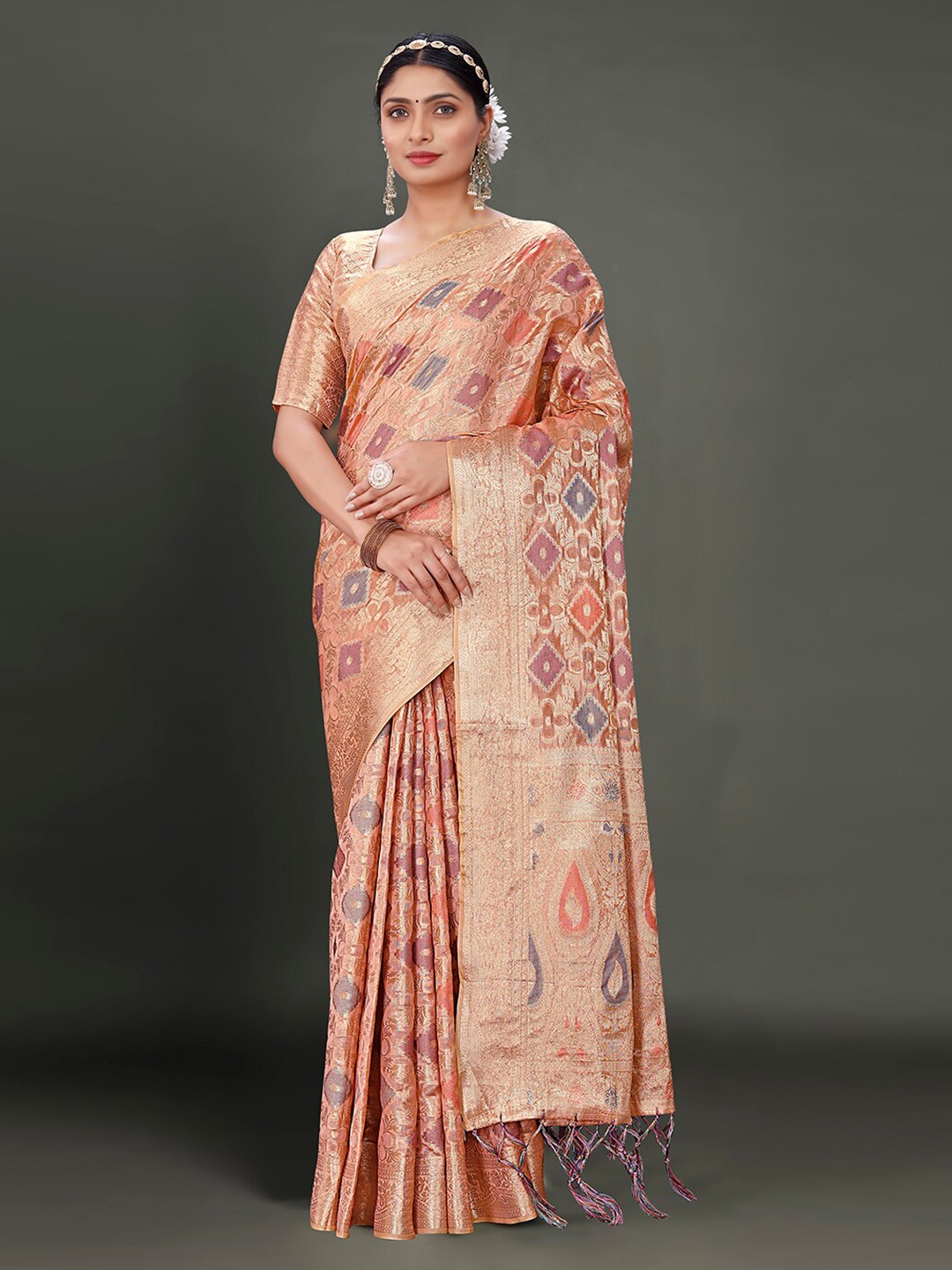 

Pisara Woven Design Zari Organza Saree, Peach