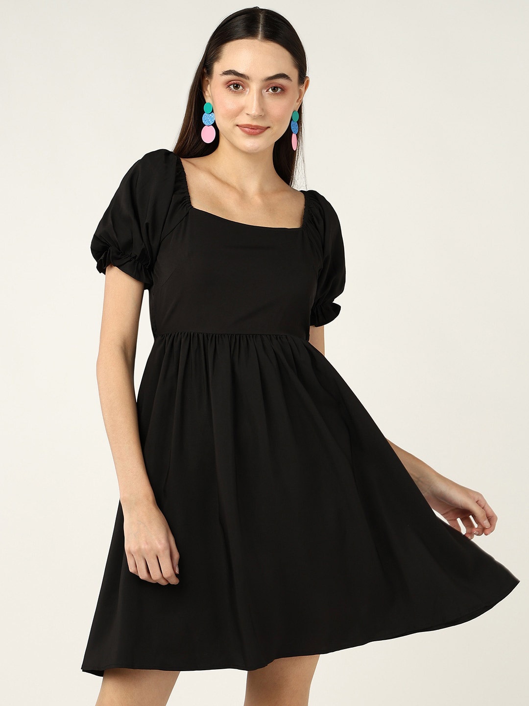 

Mast & Harbour Square Neck Puff Sleeves Tie Ups Crepe Fit & Flare Dress, Black