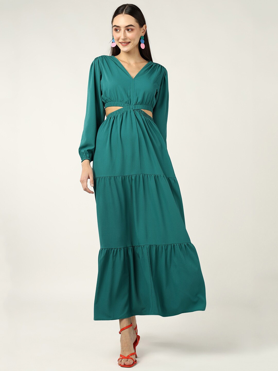 

Mast & Harbour Green V-Neck Puff Sleeves Cot Out Crepe Maxi Dress