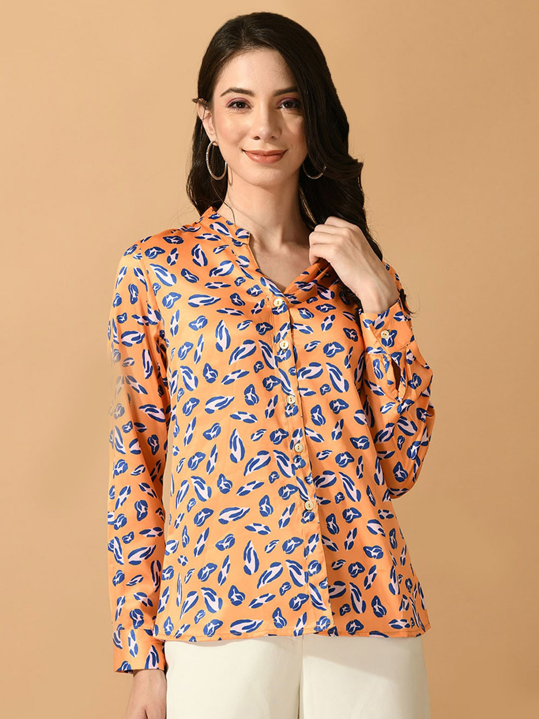 

Sangria Smart Fit Abstract Printed Mandarin Collar Casual Satin Shirt, Orange