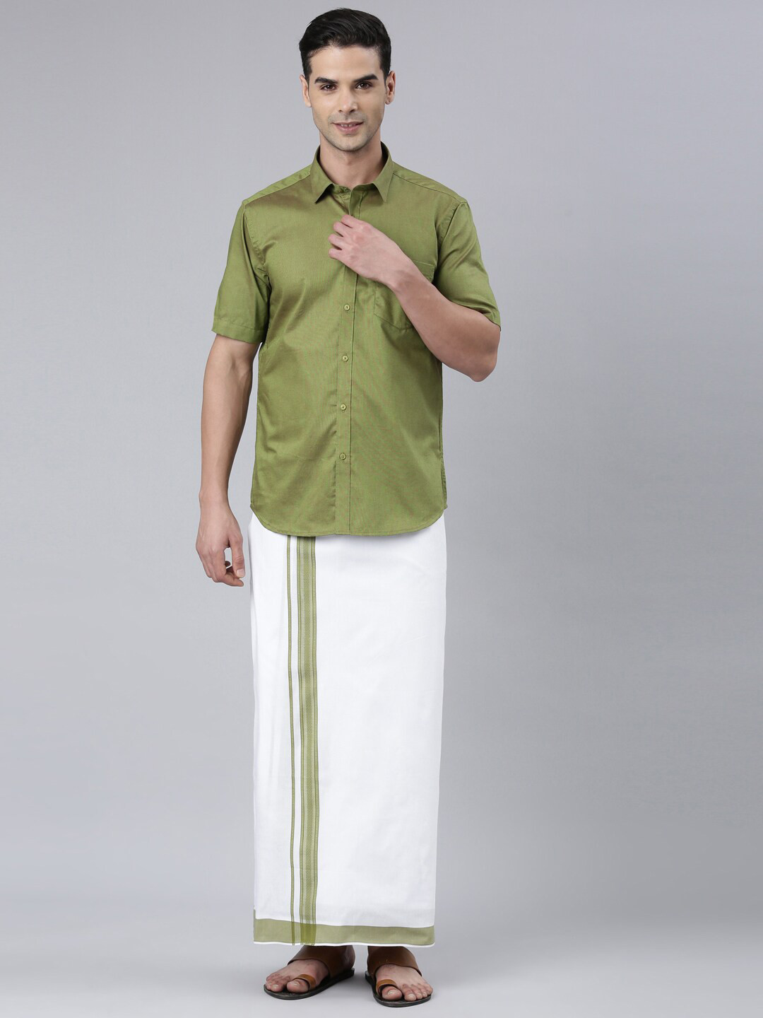 

ALAYA Men Cotton Shirt with Veshti, Olive