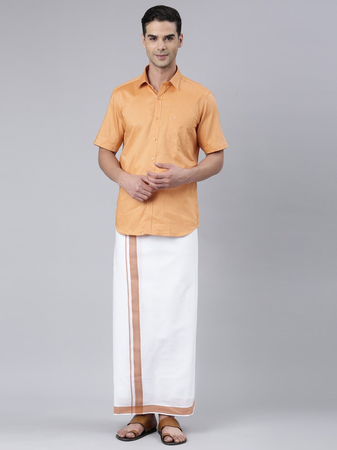 

ALAYA Cotton Short Sleeves Shirt with Veshti, Orange