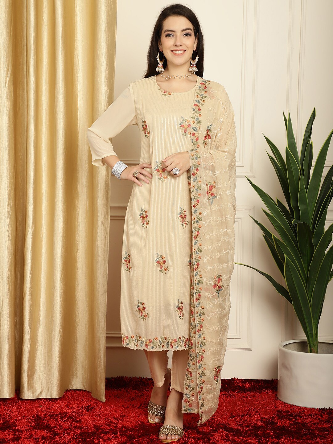 

Stylee LIFESTYLE Floral Embroidered Silk Georgette Unstitched Dress Material, Beige