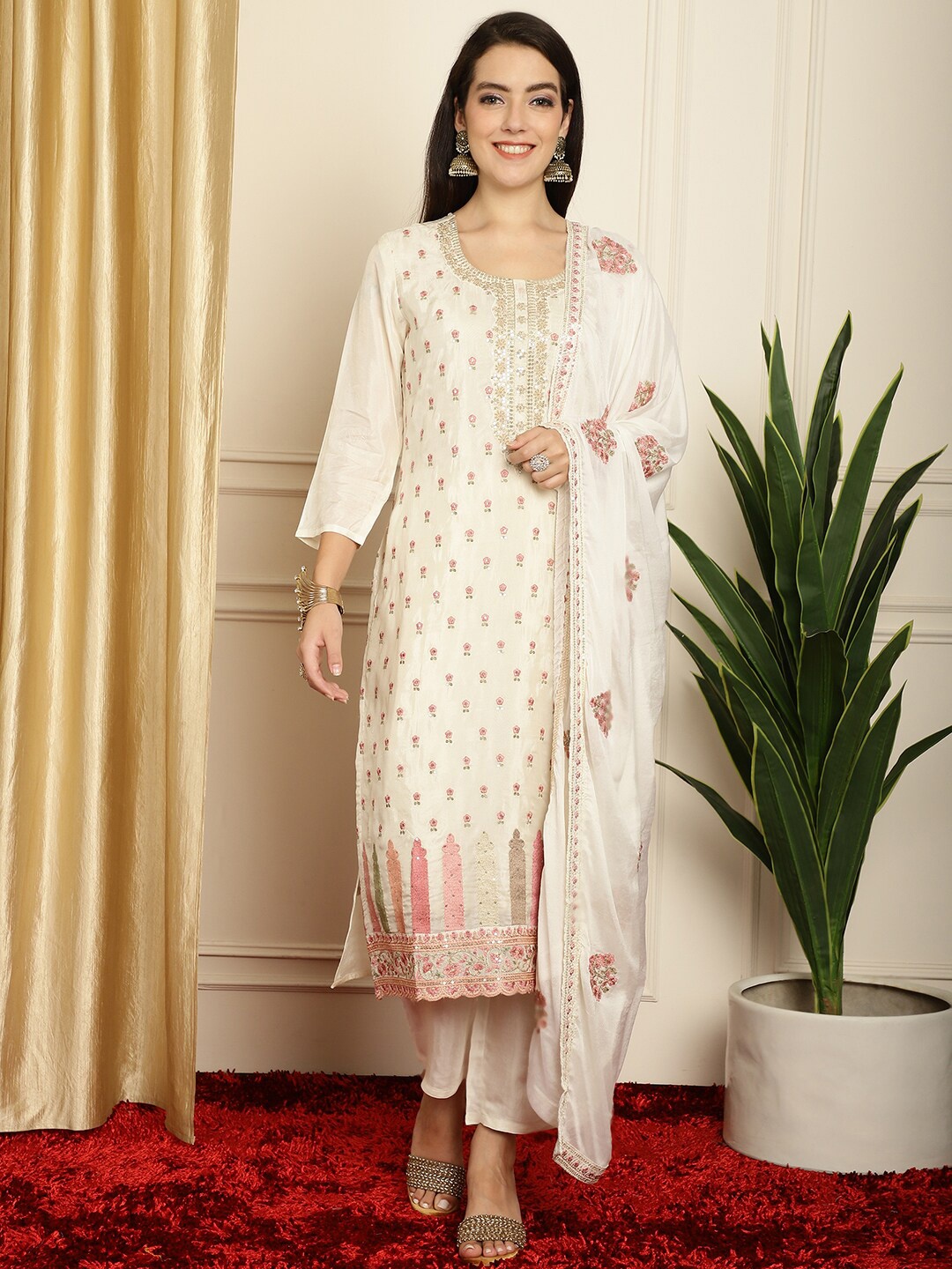 

Stylee LIFESTYLE Floral Embroidered Pure Silk Sequinned Unstitched Dress Material, Off white