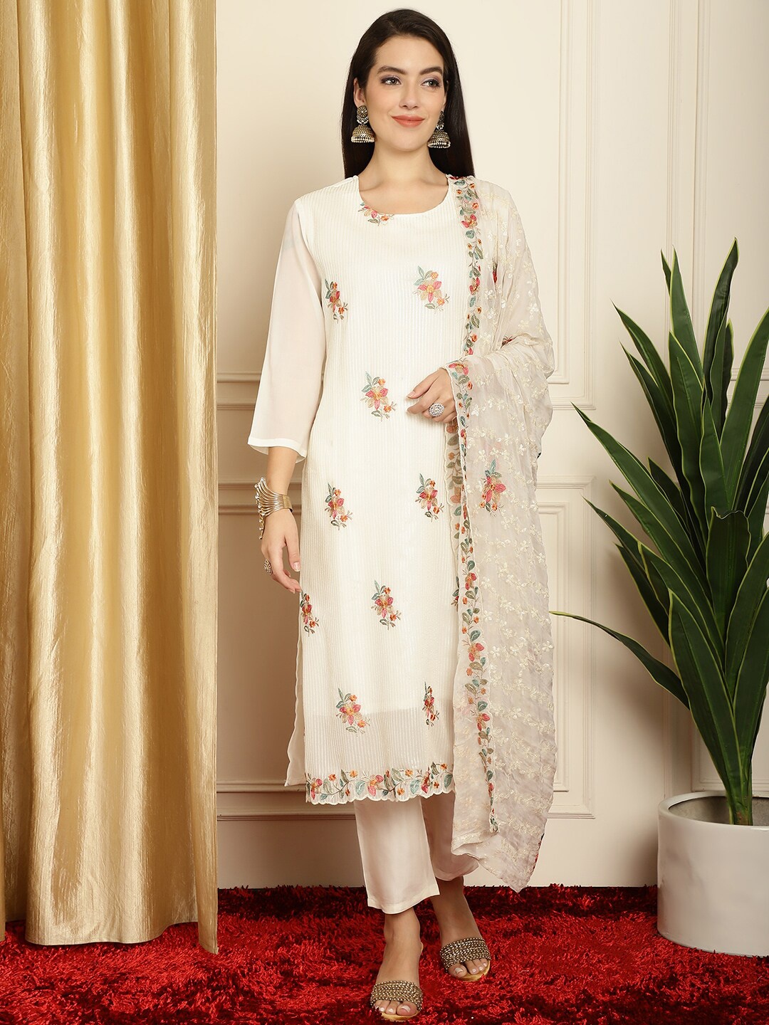 

Stylee LIFESTYLE Floral Embroidered Silk Georgette Unstitched Dress Material, Off white